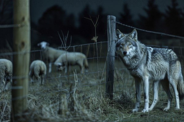 A wolf stands at a pasture fence at night and observes a grazing flock of sheep, symbolic image for herd protection, danger, killing by wolf attack, AI generated