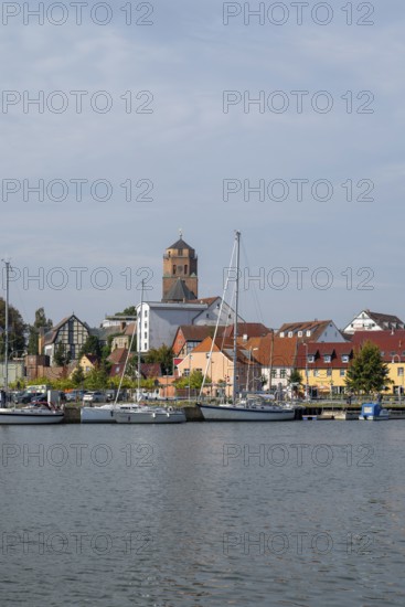 View of the town with St Peter's Church and the Peene River, Wolgast, Usedom Island, Mecklenburg-Western Pomerania, Germany