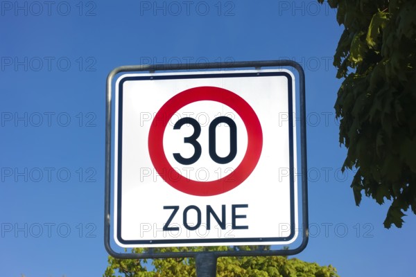 Traffic sign, road sign, traffic sign, 30 zone, start of zone with maximum speed limit 30 km/h, speed limit, traffic sign number 274, regulatory sign, Reutlingen, Baden-Württemberg, Germany