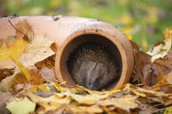 European hedgehog (Erinaceus europaeus) adult animal looking out of pipework on a garden lawn with fallen autumn leaves, England, United Kingdom