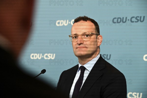 The Chairman of the CDU/CSU parliamentary group, Jens Spahn (CDU), and his deputy Alexander Hoffmann (CSU) at the weekly press statement in front of the parliamentary group meeting room in the Reichstag. This time it was about the expert opinion on the purchase of masks, among other things