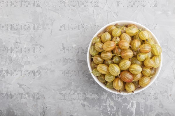 Fresh green gooseberry in white bowl on gray concrete background. top view, flat lay, copy space