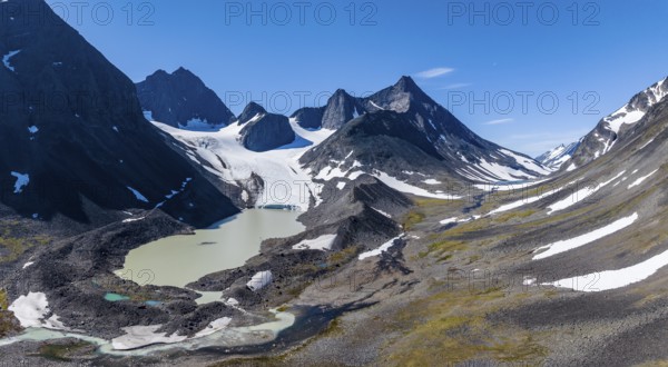 Kaskasavagge valley with Kaskapakte glacier and mountains, mountain Kaskasatjåkka and Kuopertjåkka, glacial lake with moraine, river Gaskkasjohka, Kebnekaise massif, Lapland, Sweden