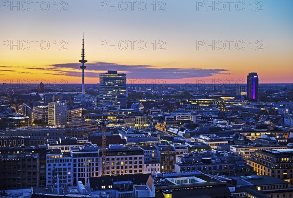 City view from above with the Heinrich Hertz Tower at atmospheric sunset, Hamburg, Germany