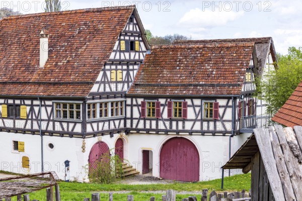 Historic farmhouse. Half-timbered building in the open-air museum on the Swabian Alb. Beuren, Baden-Württemberg, Germany