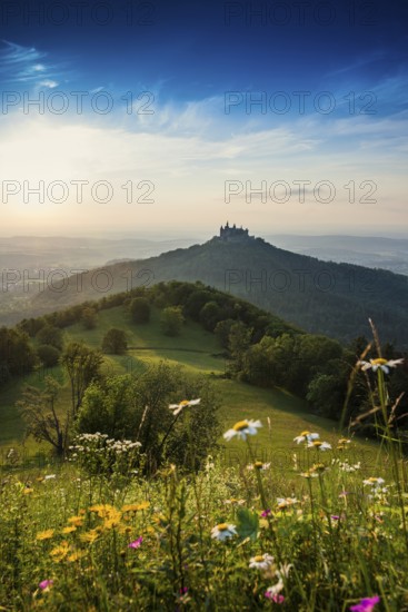 Hohenzollern Castle, sunset, Hechingen, Swabian Alb, Baden-Württemberg, Germany