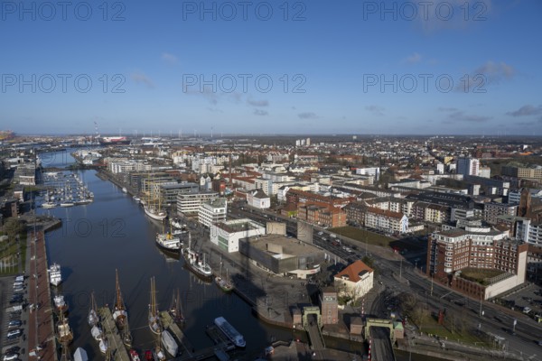 City view with Neuer Hafen and Kaiserhafen, view from the observation deck of the Sail-City skyscraper, Bremerhaven, Bremen, Germany