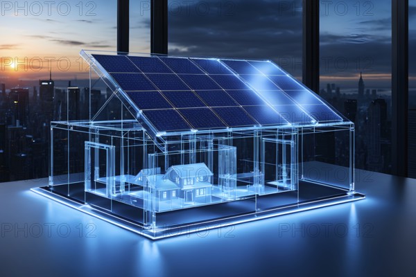 Hologram blue eco house with solar on table, ai generated, AI generated