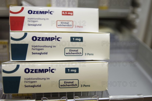 Ozempic, medication, diabetes 2, pharmacy, Germany, packs of Ozempic in various strengths are stored in the pharmacy in the refrigerator