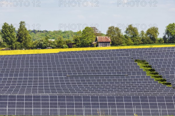 Agricultural land is used as a solar field. Nellingen in the Swabian Alb. Nellingen, Baden-Württemberg, Germany