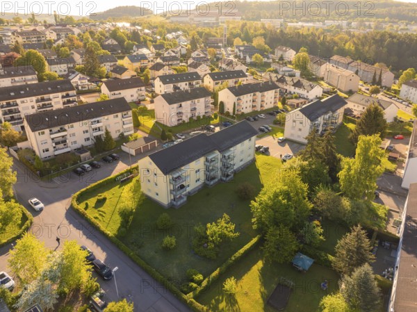 Bird's eye view of housing estate with green spaces and apartment blocks, Calw, Black Forest, Germany