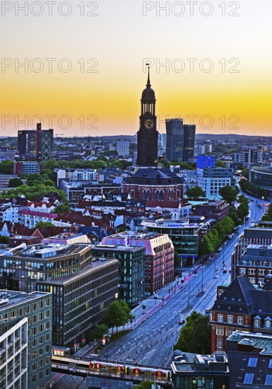 City view from above with the main church St Michaelis and the Dancing Towers at sunset, Hamburg, Germany
