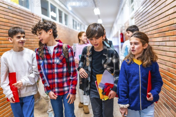 Elementary school students carrying backpacks and notebooks walk and chat together in school hallway between classes