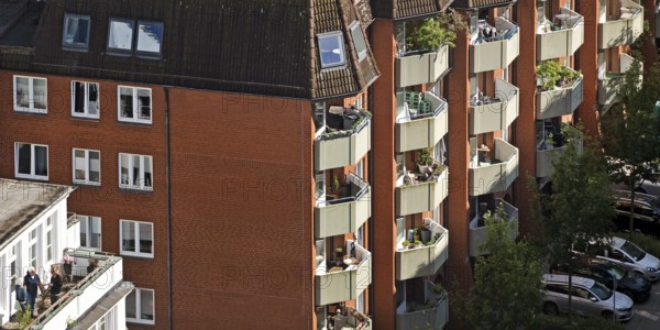 City view from above of apartment blocks with balconies, Hamburg, Germany