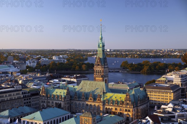 City view from above with the town hall and the Alster, Hamburg, Germany