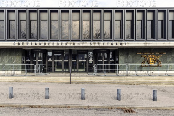 New courtroom building of the Higher Regional Court OLG in Stuttgart-Stammheim. Exterior view with state coat of arms. Stuttgart, Baden-Württemberg, Germany