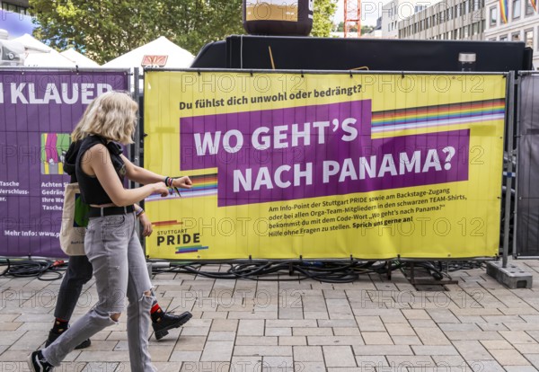 Banner with the question: Which way to Panama? With the code word PANAMA, anyone who is in an unpleasant or unsafe situation, threatened or harassed can get help. Christopher Street Day in Stuttgart, Baden-Württemberg, Germany