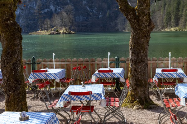 Empty beer garden at Königssee, Schönau am Königssee, Berchtesgadener Land, Upper Bavaria, Bavaria, Germany