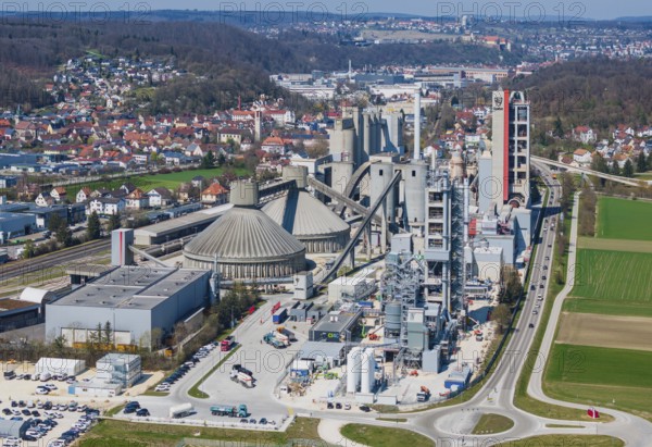 SCHWENK cement plant in Heidenheim-Mergelstetten. In the foreground on the right, research facility for the development of climate-friendly cement. Aerial photo. Heidenheim, Baden-Württemberg, Germany