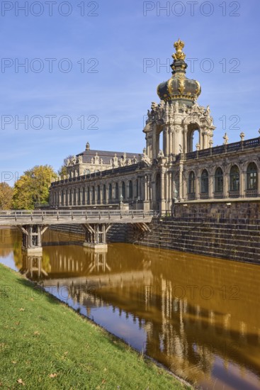 Dresden Zwinger, Baroque architectural style, Crown Gate with bridge, Wallgraben, Long Gallery, Dresden, state capital, independent city, Saxony, Germany