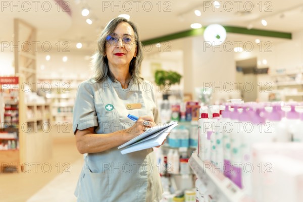 Smiling female pharmacist checking medication and products on the shelves in a pharmacy