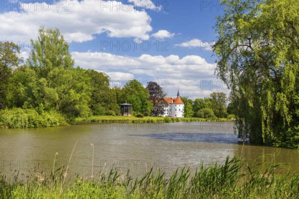 Castle park with castle pond, pavilion and moated castle Fürstlich Drehna, Luckau, Brandenburg, Germany