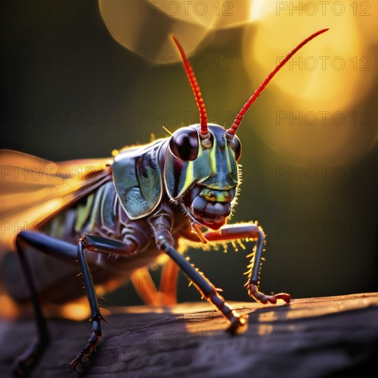 Close up of a grasshopper with blurred background in soft diffused light, AI generated