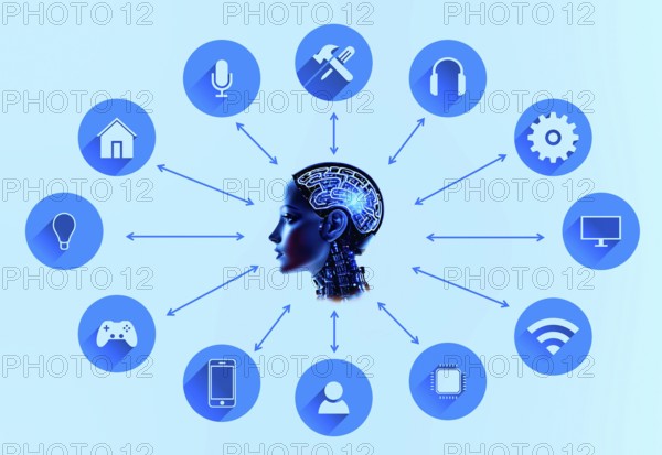 Symbol image, AI, artificial intelligence, Internet illustration, computer, Industry 4.0, economy, data traffic, @ sign. Mail traffic, data protection, communication, crafts, games, computing