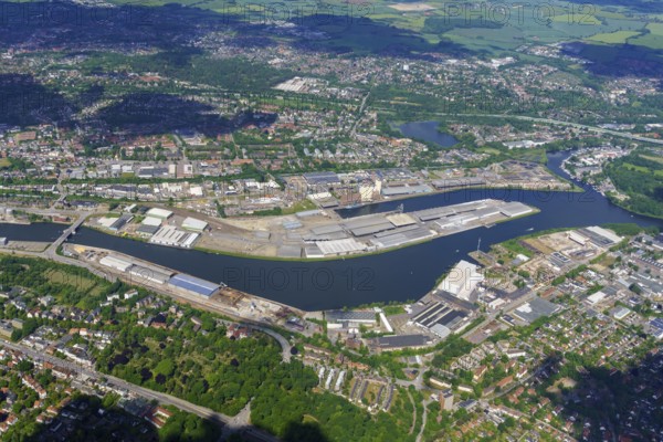 Lübeck, Schleswig-Holstein, aerial view, Hanseatic city, Trave, Vorwerk harbour, transshipment port, logistics, Baltic Sea, summer, Germany