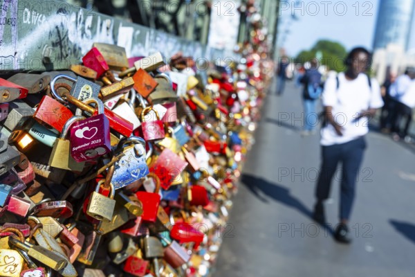 Hohenzollern Bridge Cologne. Hundreds of thousands of love locks adorn the bridge railings. City view of Cologne, North Rhine-Westphalia, Germany