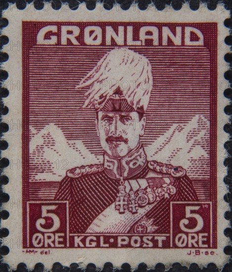 Christian X (1870-1947) king of Denmark 1912-1947. Portrait on a Greenland postage stamp