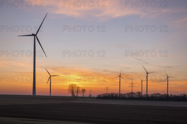 Wind farm in front of a dramatic sunset sky with trees, near Ulm, Swabian Alb, Baden-Württemberg, Germany