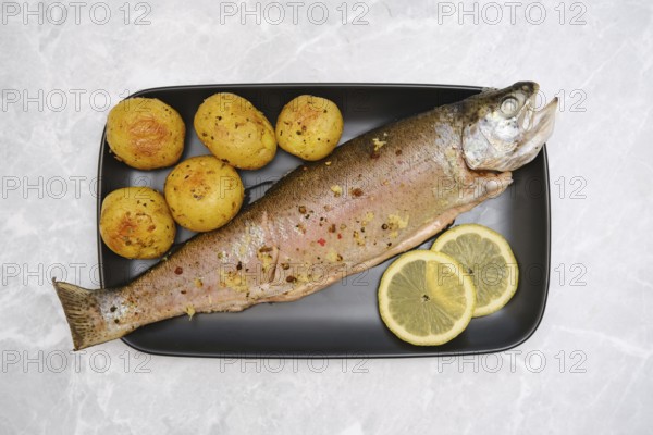 Overhead view of plate with whole baked rainbow trout and baby potatoes