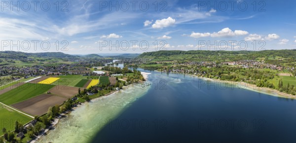 Aerial view, panorama of Lake Constance, Untersee, also known as Lake Rhine, which flows into the Rhine at Stein am Rhein, on the right the German peninsula Höri with the village of Öhningen, on the left the municipality of Eschenz in the canton of Thurgau, district of Constance, Baden-Württemberg, Germany