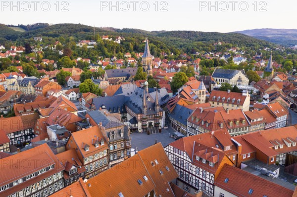 Historic town hall, St Sylvestrie's Church and market, aerial view of the old town, Wernigerode, Saxony-Anhalt, Germany