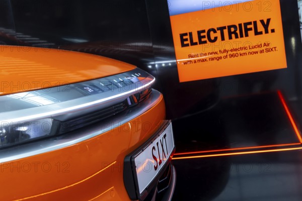 Düsseldorf Airport. Presentation by car hire company SIXT of the Chinese electric vehicle Lucid Air with up to 831 hp. Düsseldorf, North Rhine-Westphalia, Germany
