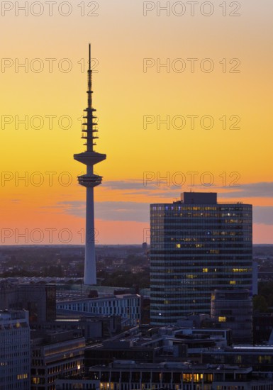 City view from above with the Heinrich-Hertz-Tower at atmospheric sunset, Hamburg, Germany