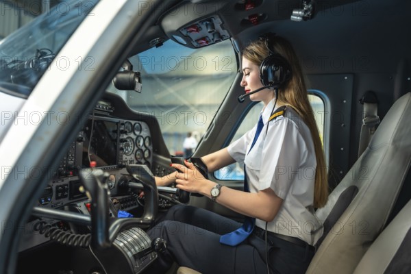 Confident female pilot using electronic flight bag while sitting in cockpit of small airplane preparing for flight