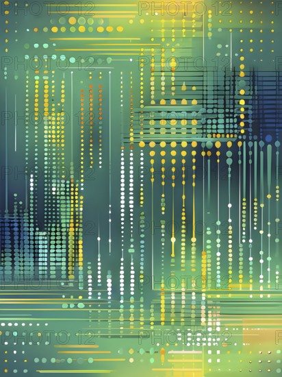 Abstract symbol for artificial intelligence, lines, dots and pattern, vibrant green and yellow hues, abstract wallpaper illustration, AI generated