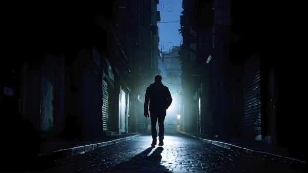 Man fleeing down a narrow dimly lit alleyway urban setting at nighttime, AI generated