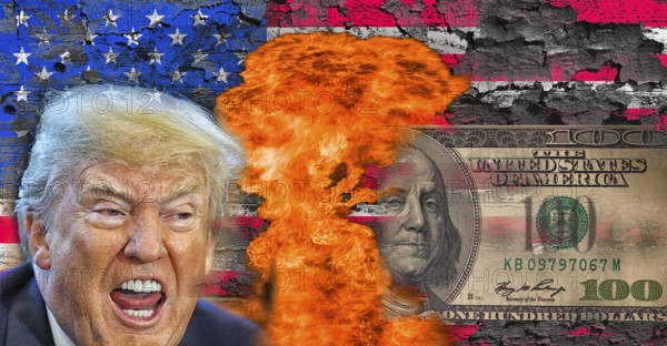 Symbolic image, Donald Trump and burning 100-dollar note, fire for Wall Street and Dax crash, President Trump's erratic decisions, global tariffs, tariffs, share prices, euro, euro exchange rate, euro low, exchange rates, dollar parity, investment, recession worries, inflation, exports, raw materials and primary products in dollars, oil in dollars, world crisis, Ukraine war, Germany, loss of democracy, autocracy, China, Russia