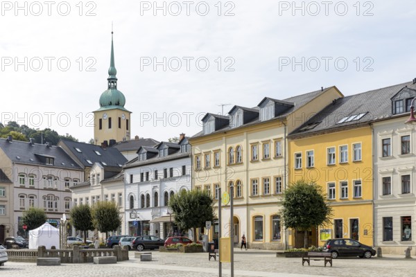 Market square with church, Sebnitz, Saxony, Germany