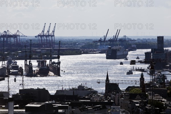 View of the Norderelbe and the harbour from the St. Nikolai memorial, Hamburg, Germany
