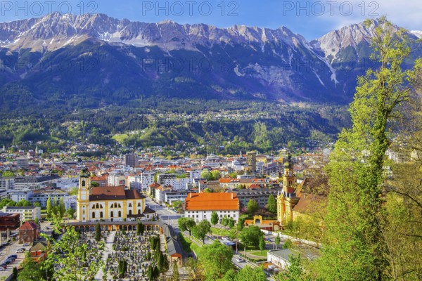 City view with Wilten Abbey in front of the northern chain of the Karwendel Mountains, Innsbruck, Inntal, Tyrolean Alps, Tyrol, Austria