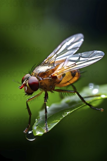 Close up of a fruit fly set against a blurred green foliage, AI generated