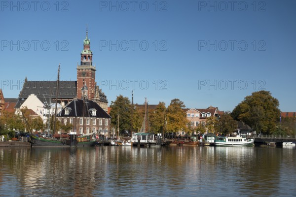 Museum harbour, town hall, Leer, East Frisia, Lower Saxony, Germany