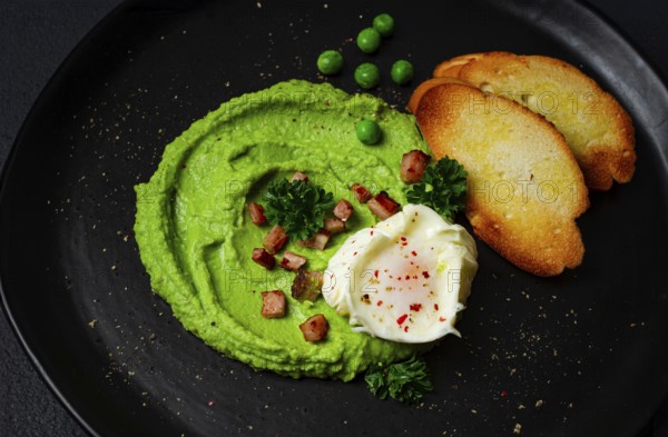 Mashed peas, with boiled egg, fried bacon, toast, baguette, breakfast, homemade, no people