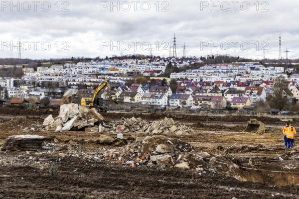Construction work for a new development area for 460 flats in the new Böckinger Strasse neighbourhood in the Zuffenhausen-Rot district. Sealing of almost six hectares of farmland. Symbolic photo. The buildings are projects of the International Building Exhibition IBA27 in Stuttgart. Stuttgart, Baden-Württemberg, Germany