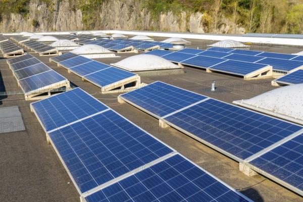 Rows of photovoltaic solar panels are mounted on a flat rooftop, providing clean and sustainable energy for a commercial building