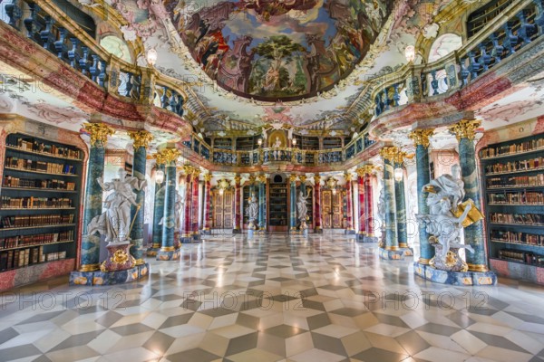 WIBLINGEN, BAVARIA, GERMANY, JUNE 08, 2022 : Rococo and baroque decors of the library in Wiblingen abbey, near Ulm city, by architects Christian and Johann Wiedemann, 18th century